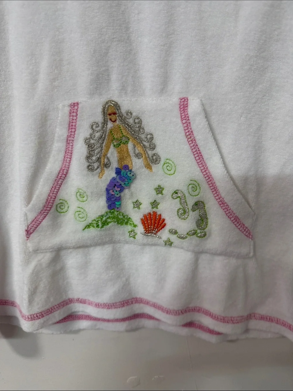 White Hooded Girls Terry Tunic with Pink Trim and Mermaid Y2K